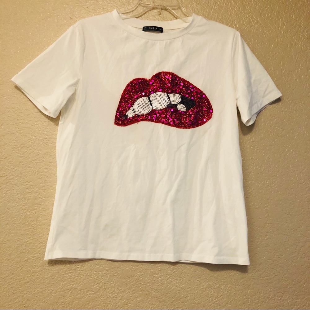 Shein White T-shirt with Red Sequin Lips